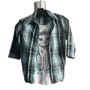 Knitworks Girls Plaid Button-Up Layered Top Green Sparkle Cat Tee Combo M Preown